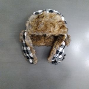Black & White Buffalo Plaid Aviator Hat w/ Fur Accent